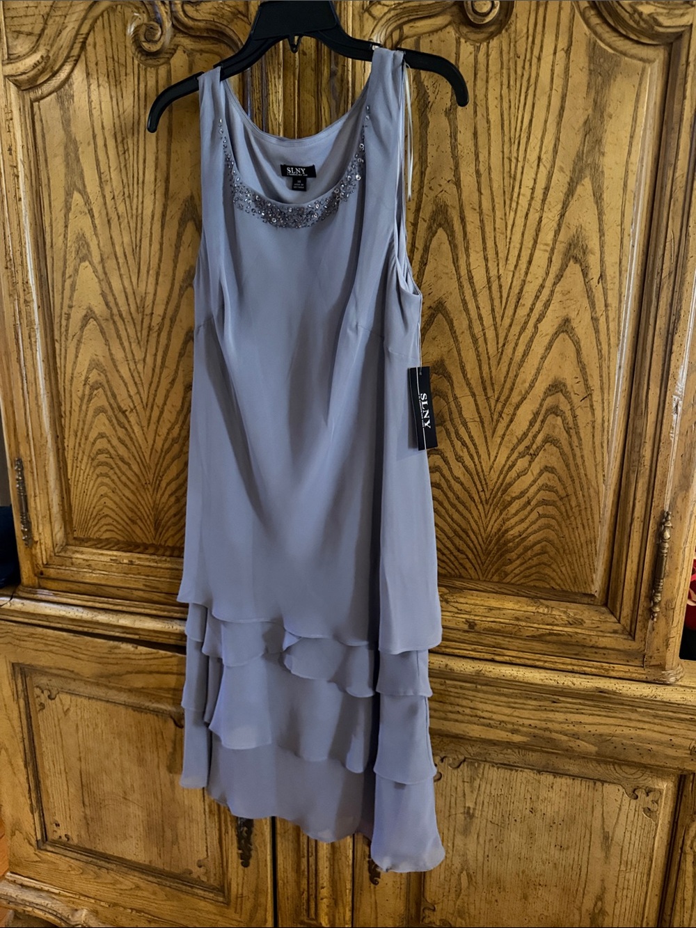 SLNY Lavender Tiered Sleeveless Chiffon Dress with Beaded Neckline